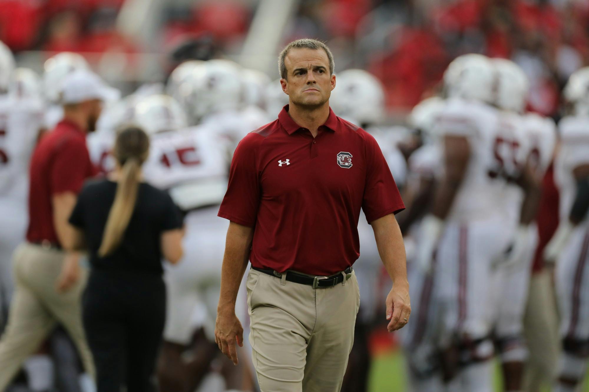 FILE— Head coach Shane Beamer walks on the sidelines during warmups before a game.