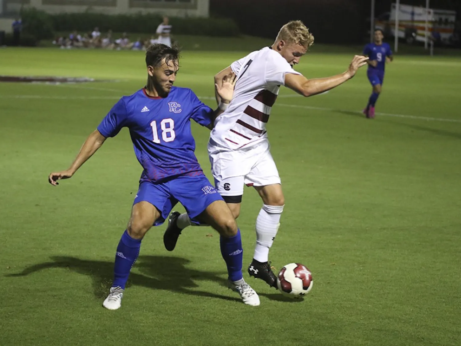 Gamecock midfielder Luca Mayr takes possession from Presbyterian defender Simen Johansen. After the Gamecocks were able to regain the lead late in the game, Mayr played a large role in holding South Carolina’s 3-2 lead. 
