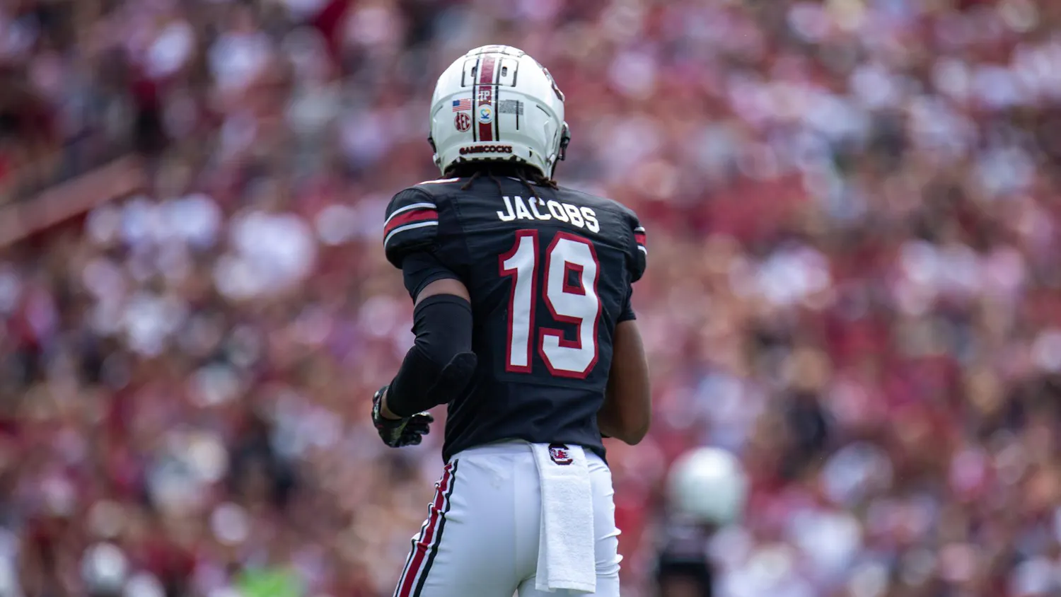 FILE — Redshirt sophomore wide receiver Vandrevius Jacobs runs down the field with the crowd in front of him on Sept. 14, 2024. The LSU Tigers defeated the Gamecocks 36-33.