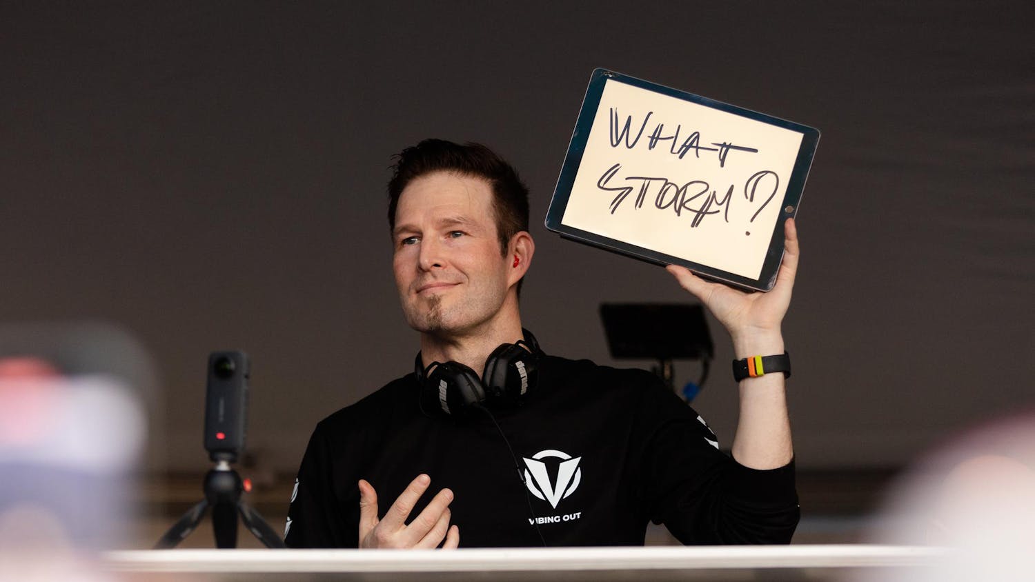 Darude, the creator of "Sandstorm," holds up a sign for the crowd during his concert at Gamecock Park on Nov. 18, 2023. Darude performed a mix of his songs before the Gamecocks' game against Kentucky at Williams-Brice Stadium.