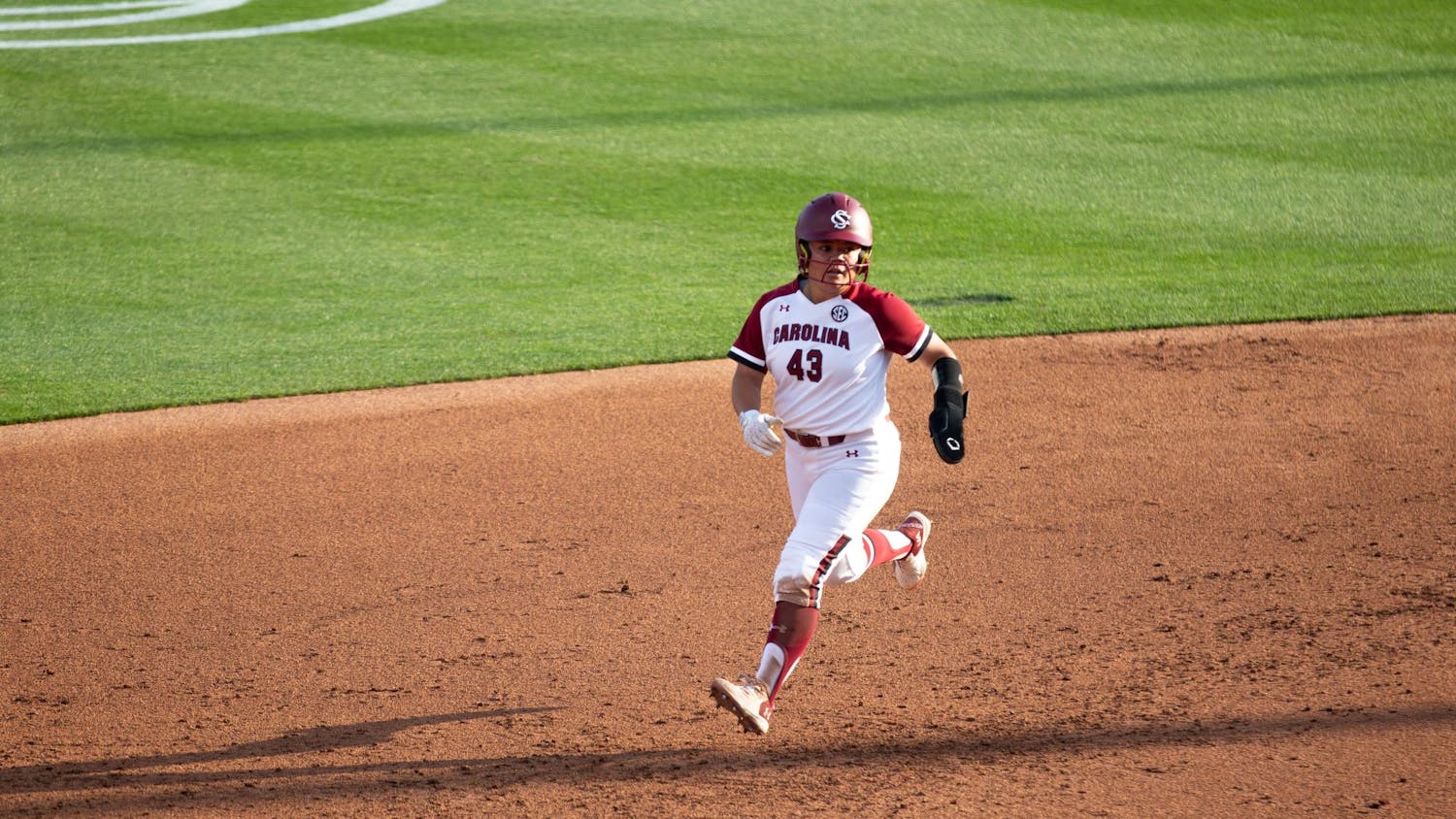Redshirt junior utility player Quincee Lilio sprints toward third base during South Carolina's home game against Charleston Southern on April 9, 2025 in Columbia, South Carolina. Lilio contributed offensively as the Gamecocks looked to extend their lead.
