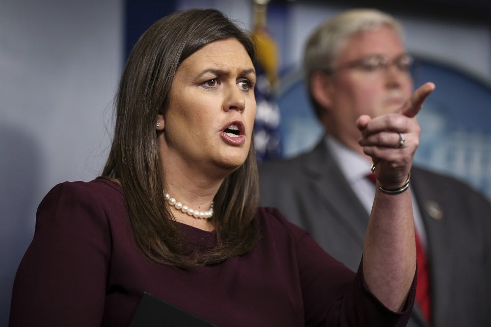 White House press secretary Sarah Huckabee Sanders takes questions from the media during the daily press briefing in the Brady Press Briefing Room at the White Housein Washington, D.C., on Tuesday, Aug. 14, 2018. (Oliver Contreras/Sipa USA/TNS)