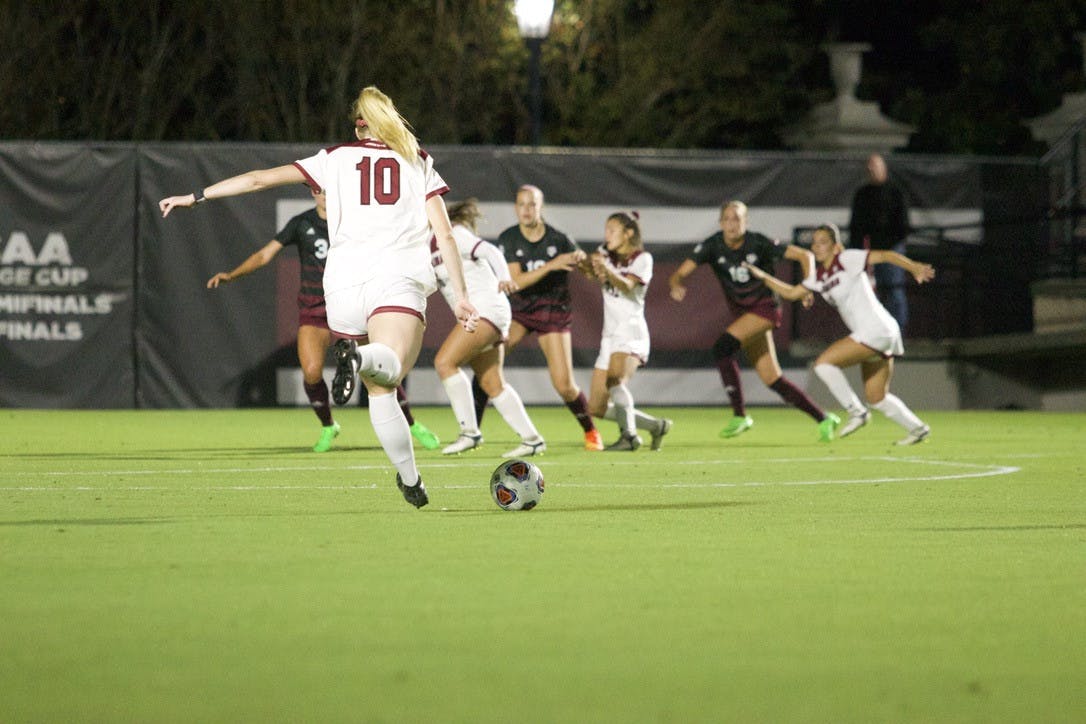 Junior forward Catherine Barry kicks the ball during a match against Texas A&amp;M on Oct. 20, 2022. The Gamecocks and Aggies tied 1-1.&nbsp;