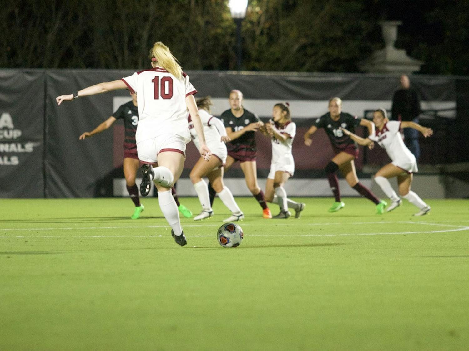 Junior forward Catherine Barry kicks the ball during a match against Texas A&M on Oct. 20, 2022. The Gamecocks and Aggies tied 1-1. 