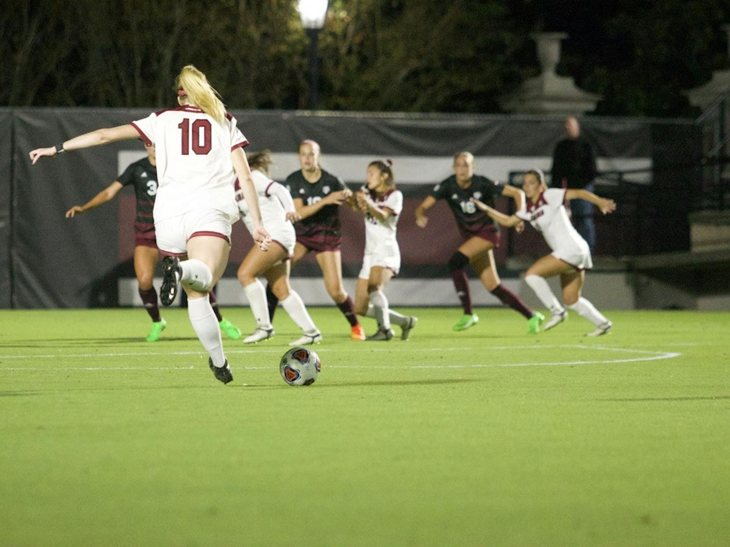 Junior forward Catherine Barry kicks the ball during a match against Texas A&amp;M on Oct. 20, 2022. The Gamecocks and Aggies tied 1-1.&nbsp;