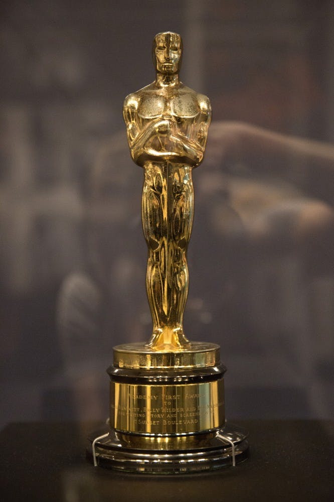 An Academy Award given to Charles Brackett, Billy Wilder and D.M. Marshman Jr. for "Best Writing, Story and Screenplay" for "Sunset Boulevard" is on display at the  "Light & Noir: Exiles and Emigres in Hollywood, 1933-1950" exhibit at the Illinois Holocaust Museum Tuesday, Oct. 6, 2015 in Skokie, Ill. (Erin Hooley/Chicago Tribune/TNS) 