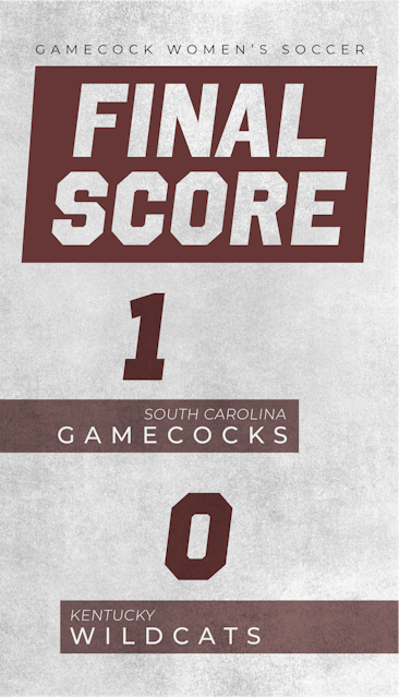 A graphic of the final score between South Carolina and Kentucky, reads "South Carolina Gamecocks, 1," and "Kentucky Wildcats, 0".