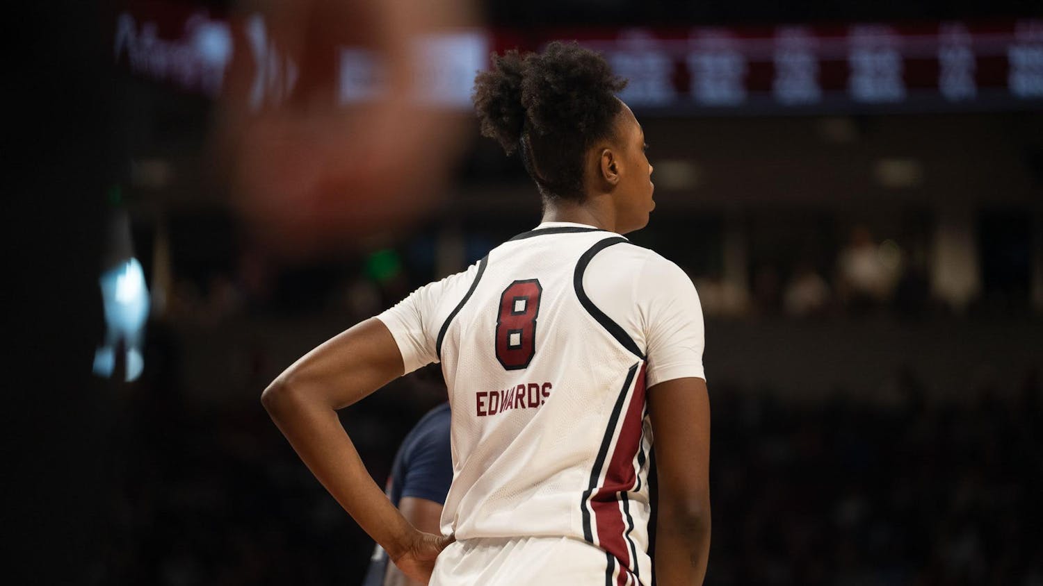 FILE — Freshman forward Joyce Edwards waits for play to be called during the matchup against the Auburn Tigers at Colonial Life Arena on Feb. 2, 2025.