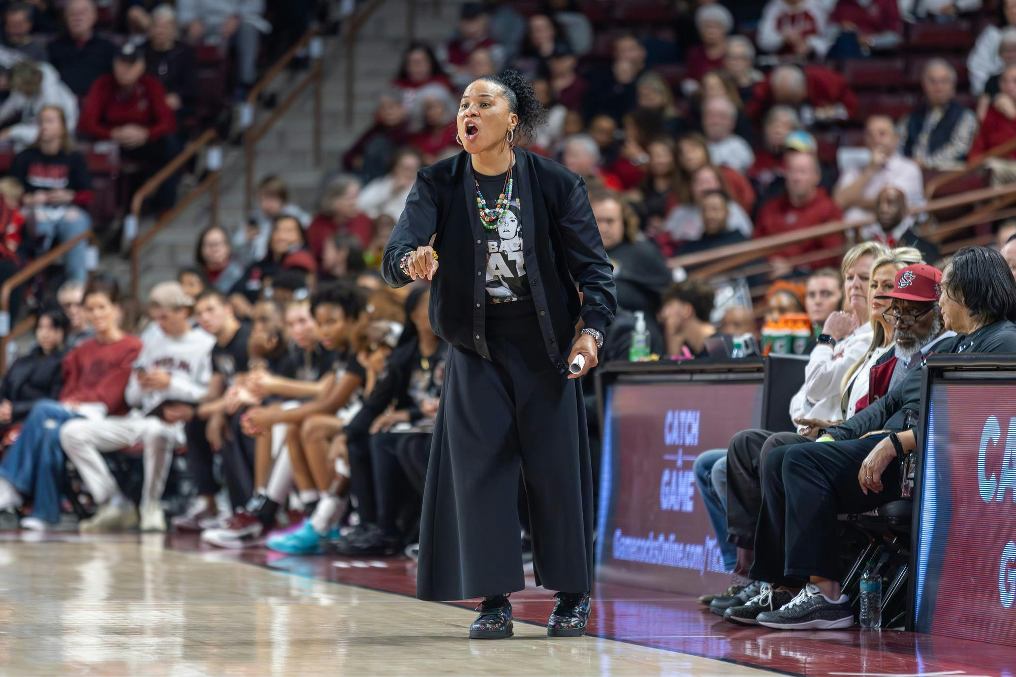 South Carolina women's basketball coach Dawn Staley shouts from the sidelines during the game against Georgia on Jan. 11, 2026. This is Staley's 18th season with the Gamecocks.