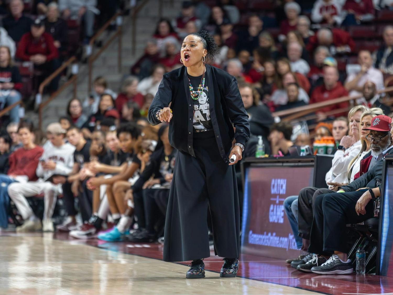 South Carolina women's basketball coach Dawn Staley shouts from the sidelines during the game against Georgia on Jan. 11, 2026. This is Staley's 18th season with the Gamecocks.