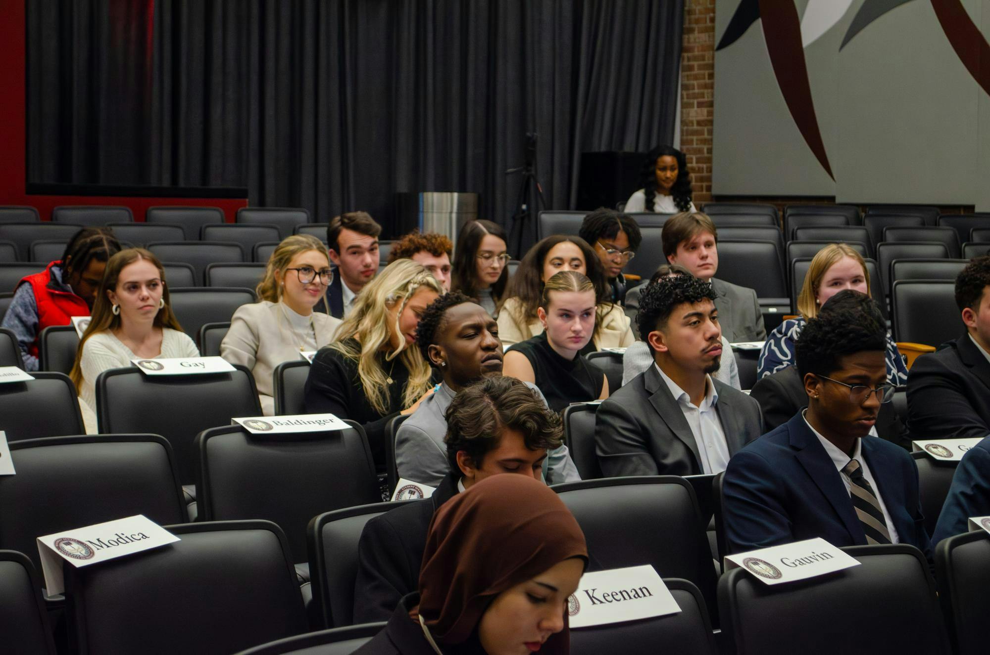FILE — Members of the student senate listen to a speech by Speaker of the Senate Maura Hamilton in the Russell House Theater on Greene Street in Columbia, South Carolina, on Jan. 28, 2026.