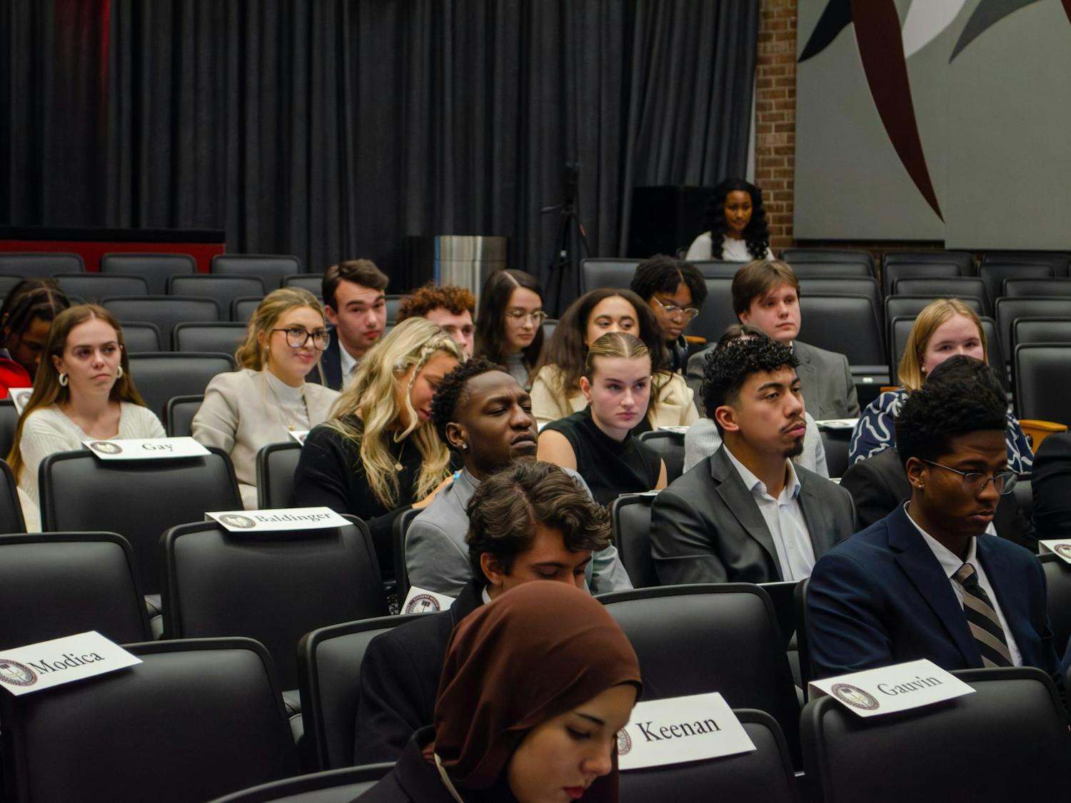 FILE — Members of the student senate listen to a speech by Speaker of the Senate Maura Hamilton in the Russell House Theater on Greene Street in Columbia, South Carolina, on Jan. 28, 2026.