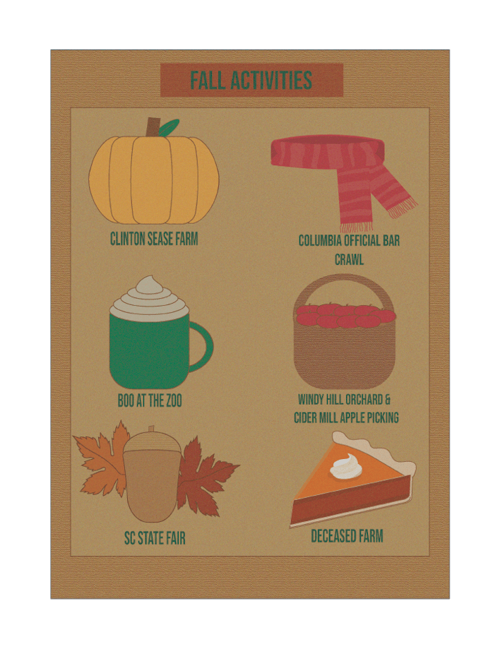 A list of various fall activities with fall symbols.