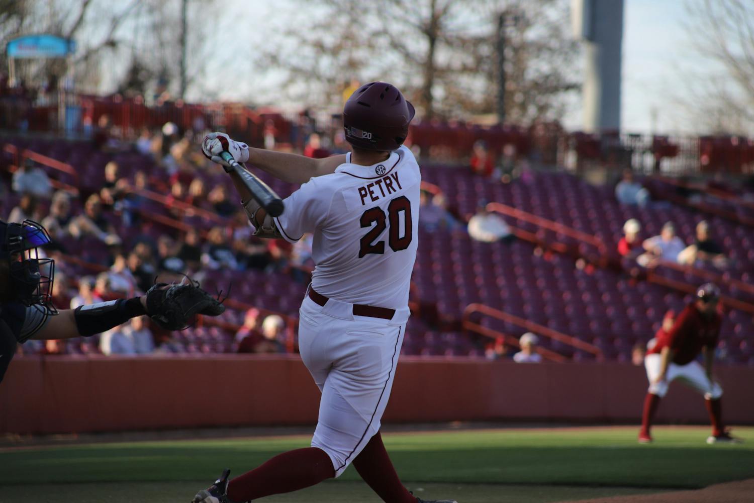 FILE—Freshman outfielder Ethan Petry up to bat for the South Carolina Gamecocks against Queens on Feb. 22. South Carolina secured its first shutout of the season with a 12-0 win, making this its fifth game in a row with double-digits scoring.