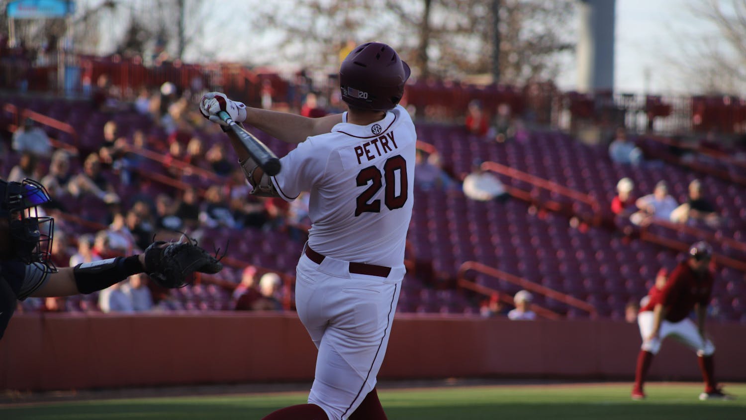FILE—Freshman outfielder Ethan Petry up to bat for the South Carolina Gamecocks against Queens on Feb. 22. South Carolina secured its first shutout of the season with a 12-0 win, making this its fifth game in a row with double-digits scoring.
