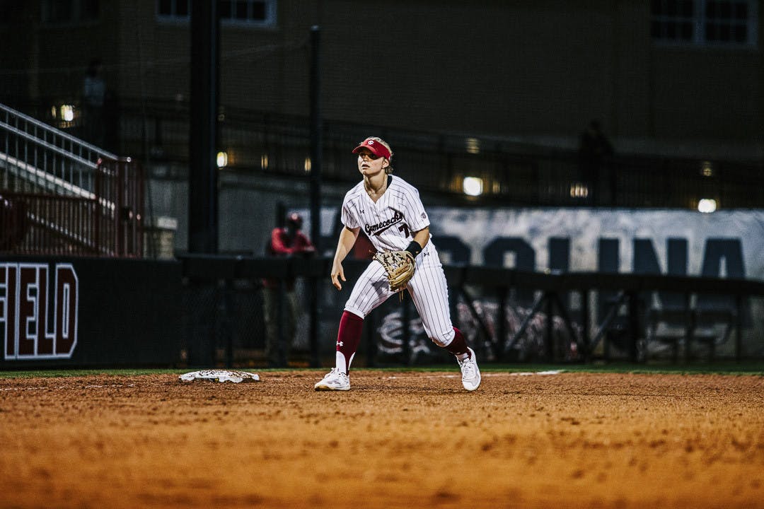 Sophomore catcher/infielder Giulia Desiderio prepares for the next pitch to be thrown during the home opener against the College of Charleston at Carolina Softball Stadium at Beckham Field on February 15, 2023. The Gamecocks beat the Cougars 8-0.&nbsp;
