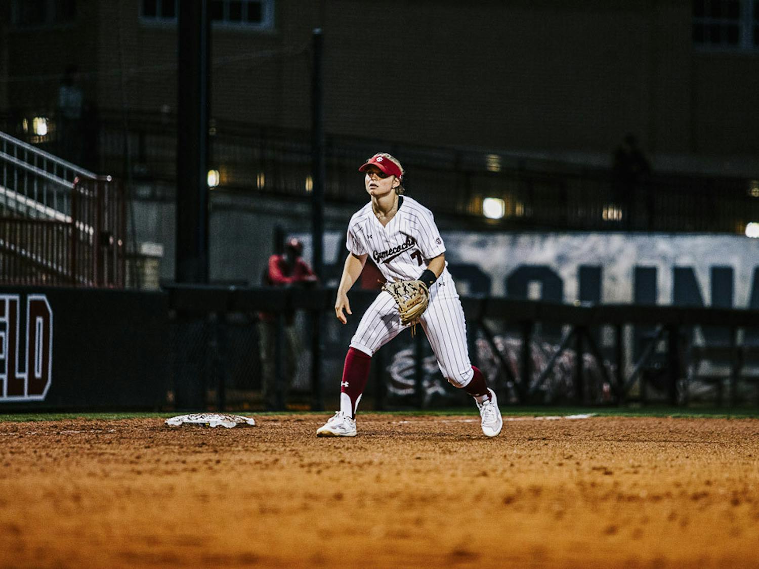 Sophomore catcher/infielder Giulia Desiderio prepares for the next pitch to be thrown during the home opener against the College of Charleston at Carolina Softball Stadium at Beckham Field on February 15, 2023. The Gamecocks beat the Cougars 8-0.&nbsp;