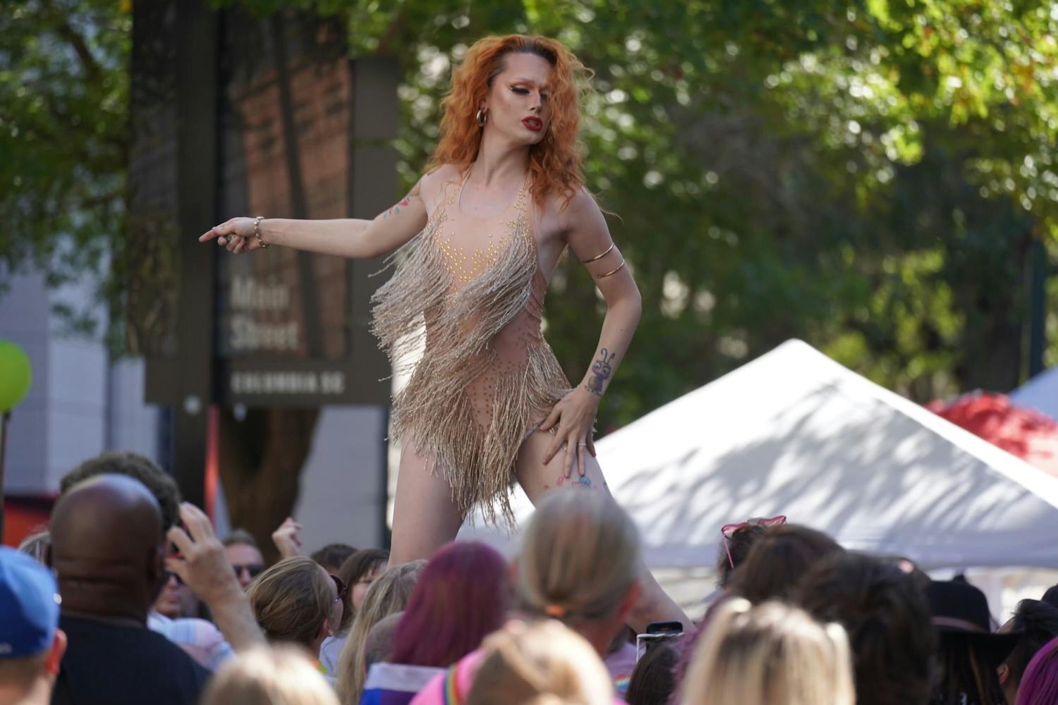 Koko Dove performs on stage during the Famously Hot South Carolina Pride Festival. Dove is a former Miss Outfest and serves as the social media/pageant coordinator for South Carolina Pride.