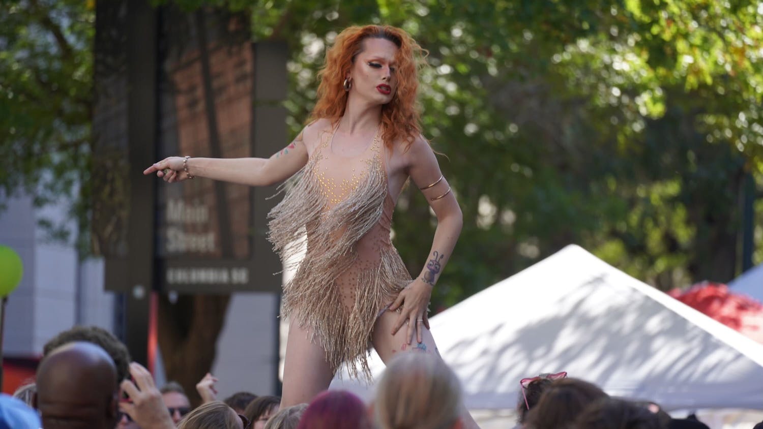 Koko Dove performs on stage during the Famously Hot South Carolina Pride Festival. Dove is a former Miss Outfest and serves as the social media/pageant coordinator for South Carolina Pride.