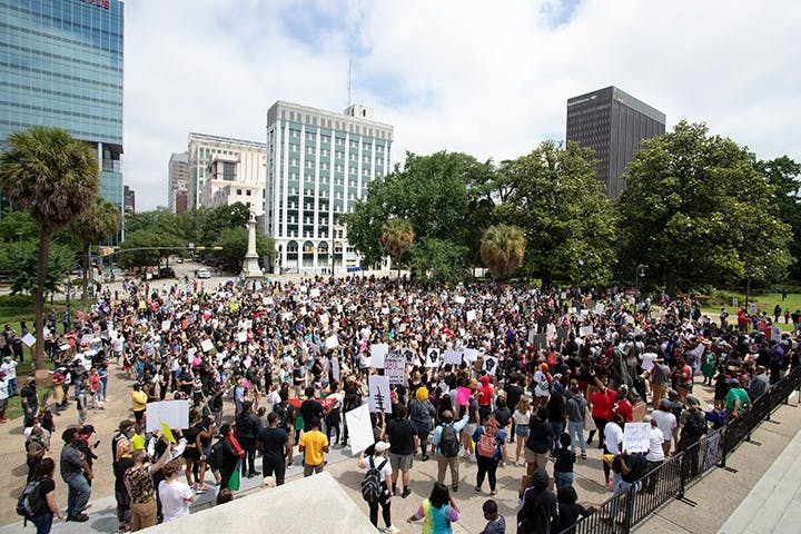 “I Can’t Breathe” protesters gathered at the Statehouse after marching from City Hall.&nbsp;