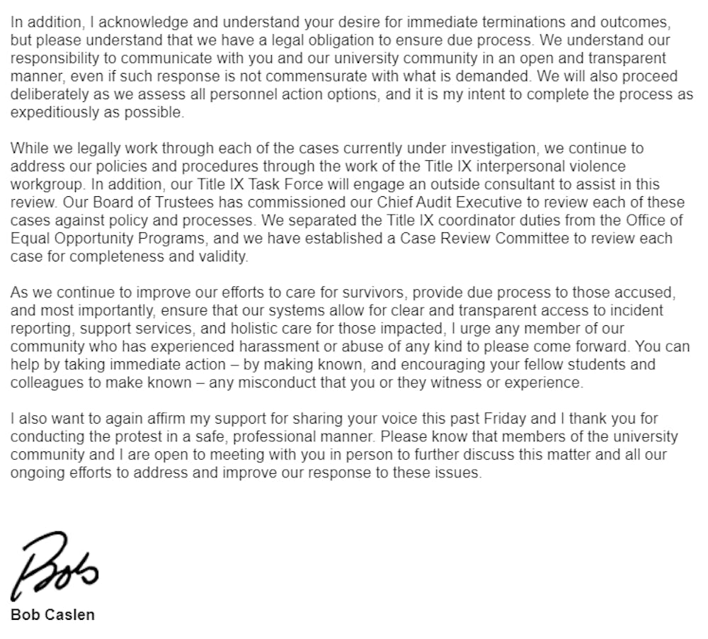 <h6>Screenshot of an email sent April 7, 2021, from university President Bob Caslen about in response to student protests about sexual harassment cases against faculty and staff.</h6>