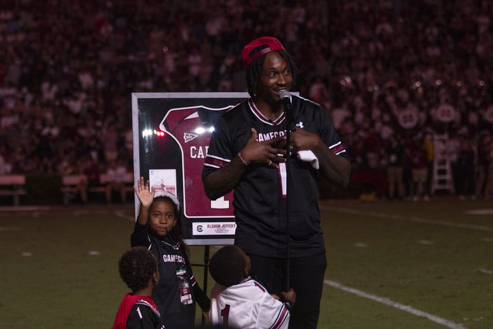 <p>South Carolina All-America and All-SEC wide receiver Alshon Jeffery had his No. 1 jersey retired at Williams-Brice Stadium on Sep. 23, 2023. Jeffrey set the single-season school records in receiving yards (1,517) and in receptions (88).</p>