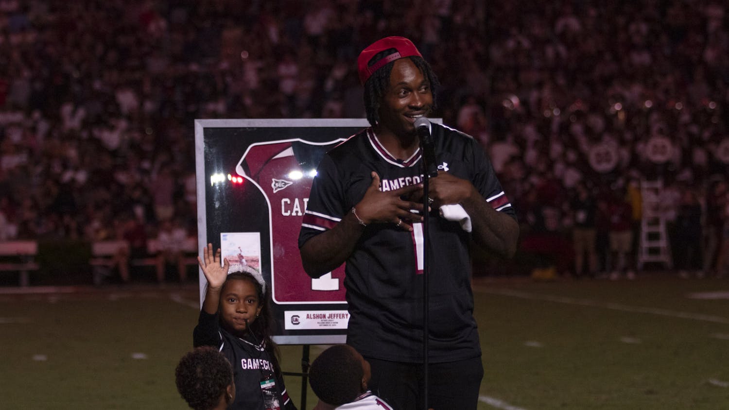 South Carolina All-America and All-SEC wide receiver Alshon Jeffery had his No. 1 jersey retired at Williams-Brice Stadium on Sep. 23, 2023. Jeffrey set the single-season school records in receiving yards (1,517) and in receptions (88).