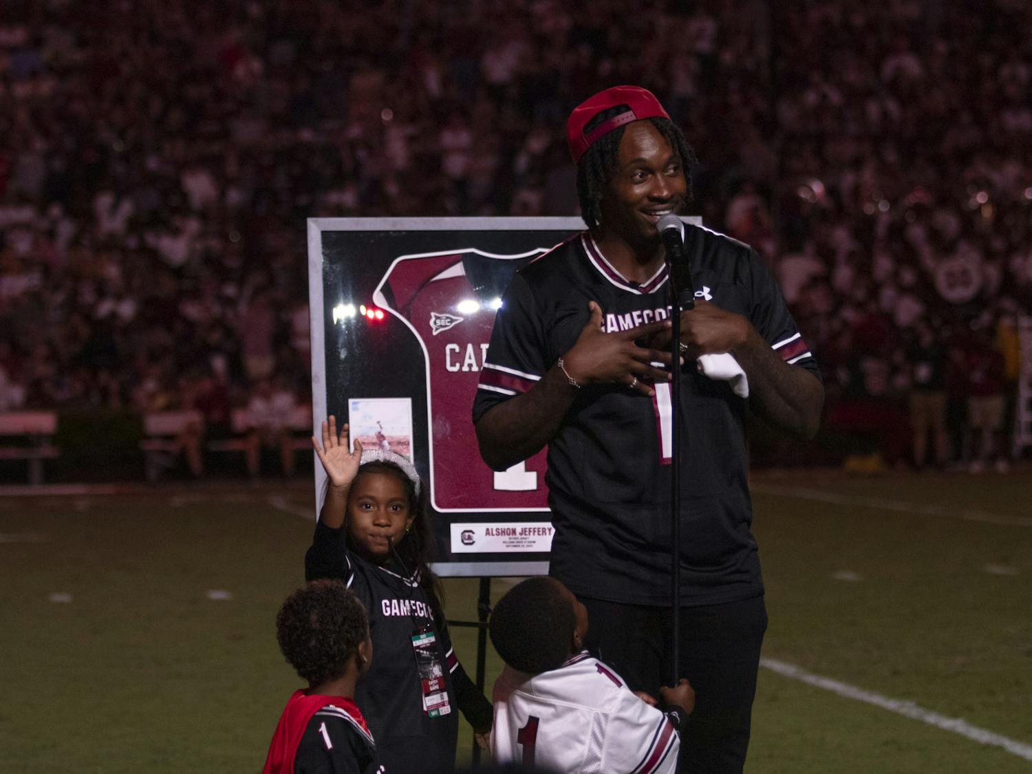 South Carolina All-America and All-SEC wide receiver Alshon Jeffery had his No. 1 jersey retired at Williams-Brice Stadium on Sep. 23, 2023. Jeffrey set the single-season school records in receiving yards (1,517) and in receptions (88).