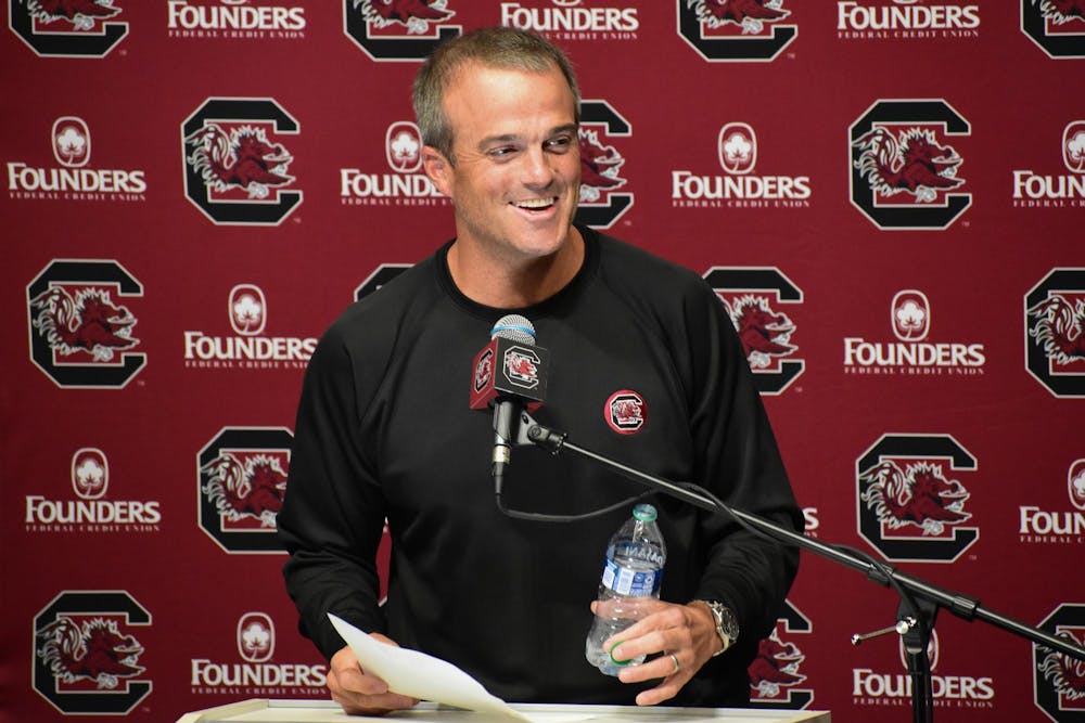 <p>Head football coach Shane Beamer addresses the media at the Long Family Football Operations Center on Oct. 10, 2023. Beamer discussed the Tennessee game on Sept. 30, 2023, where the team lost 41-20.</p>