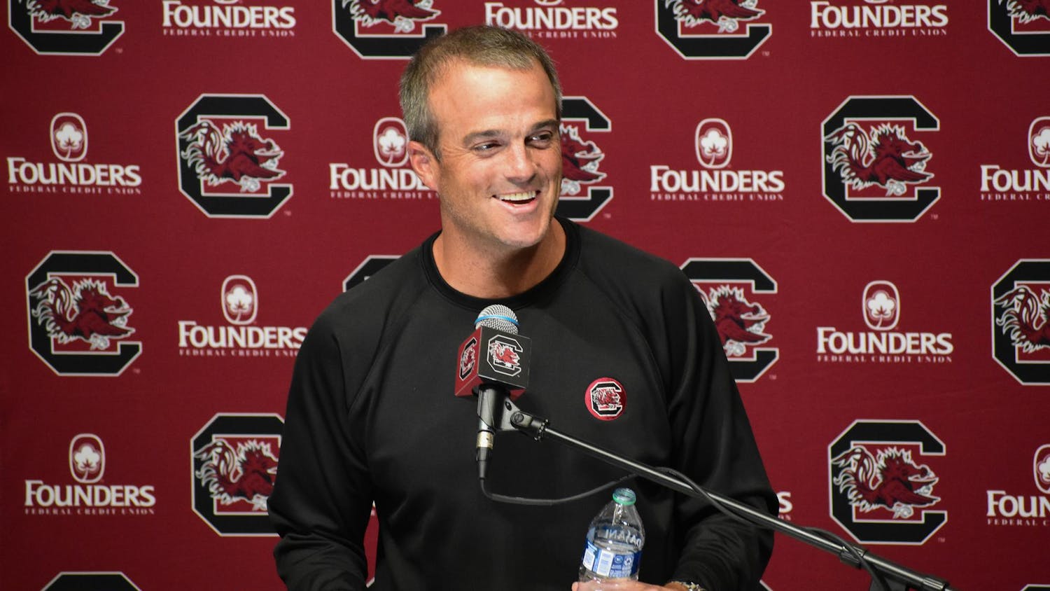 Head football coach Shane Beamer addresses the media at the Long Family Football Operations Center on Oct. 10, 2023. Beamer discussed the Tennessee game on Sept. 30, 2023, where the team lost 41-20.