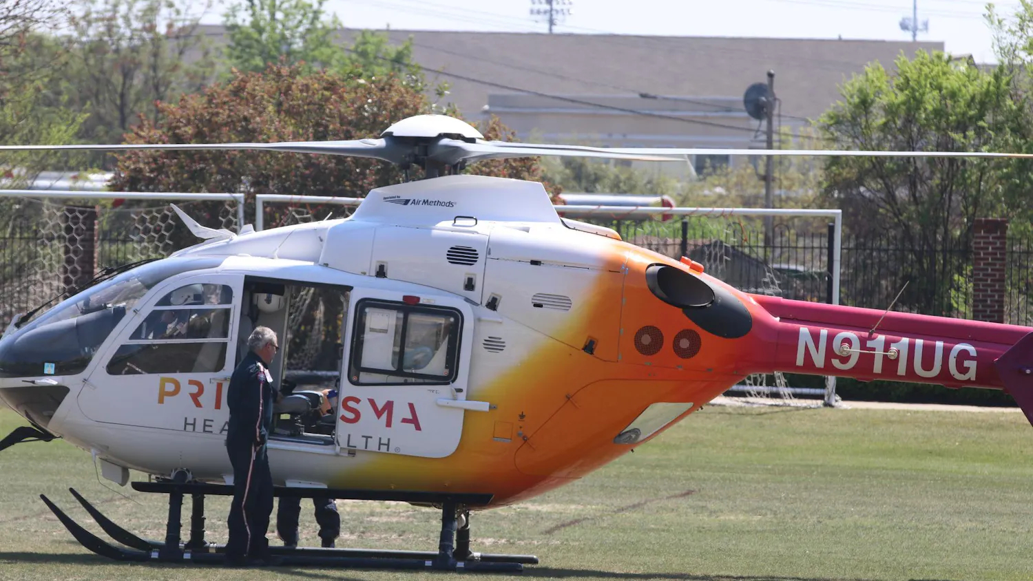A LifeNet South Carolina Air Methods helicopter begins landing on one of the Strom outside fields. The helicopter was brought as part of the Gamecock Emergency Medical Students’ event on March 27, 2026.