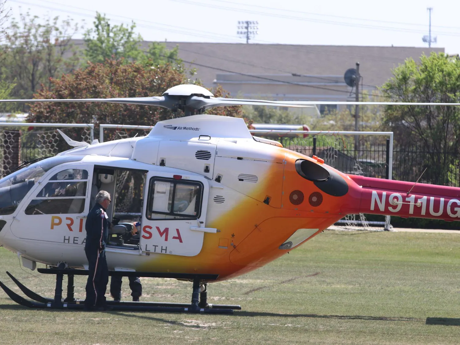 A LifeNet South Carolina Air Methods helicopter begins landing on one of the Strom outside fields. The helicopter was brought as part of the Gamecock Emergency Medical Students’ event on March 27, 2026.