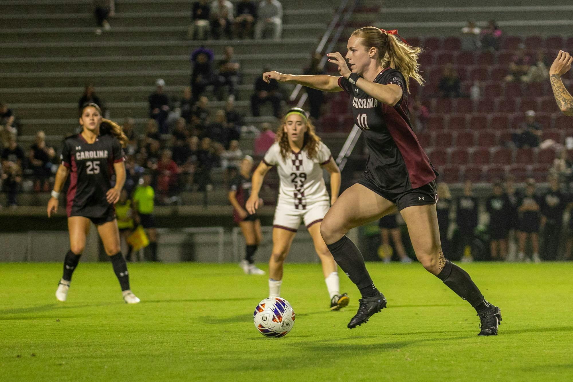 FILE — Fifth-year forward Catherine Barry dribbles the ball at Stone Stadium on Oct. 30, 2024. Barry scored the only Gamecock goal during the 2-1 loss to Mississippi State.