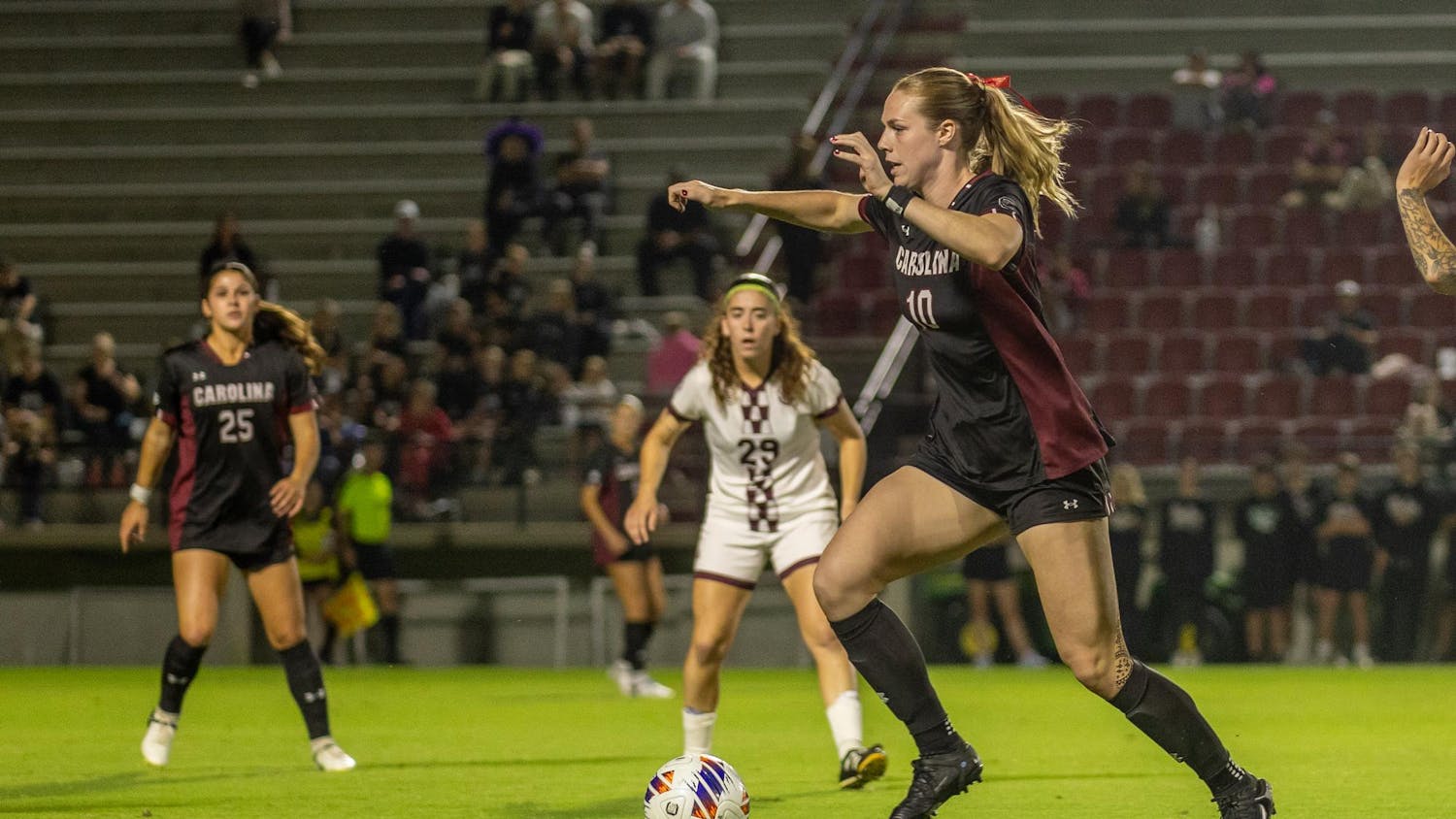 FILE — Fifth-year forward Catherine Barry dribbles the ball at Stone Stadium on Oct. 30, 2024. Barry scored the only Gamecock goal during the 2-1 loss to Mississippi State.