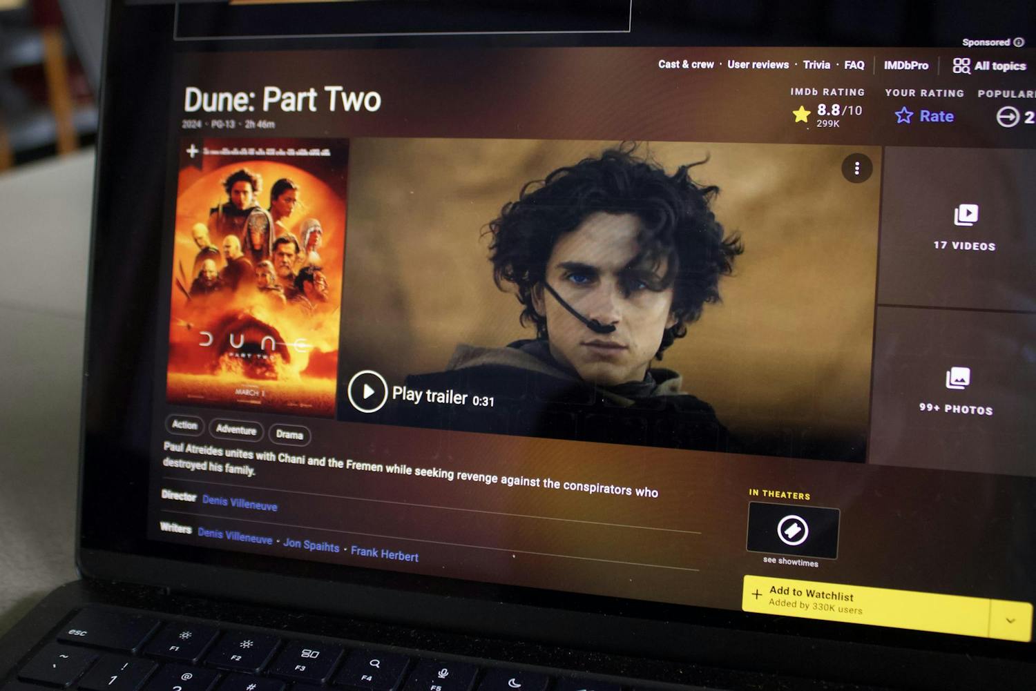 A photo illustration of a computer screen shows information for the movie "Dune: Part Two" on April 3, 2024. The film is the second of a two-part adaptation of the novel "Dune" published by Frank Herbert in 1965.