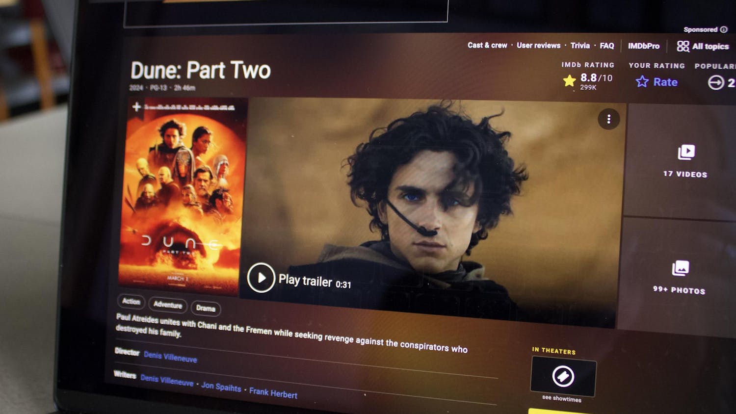 A photo illustration of a computer screen shows information for the movie "Dune: Part Two" on April 3, 2024. The film is the second of a two-part adaptation of the novel "Dune" published by Frank Herbert in 1965.