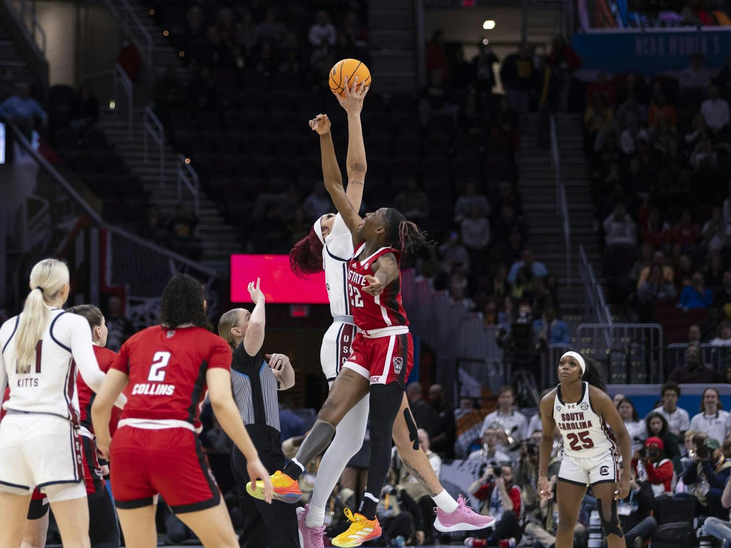 The South Carolina ɫɫƵs delivered a decisive victory to the North Carolina State Wolfpack in the first of two semifinal games at the 2024 Women’s Final Four matchup on April 5, 2024. The ɫɫƵs defeated the Wolf Pack 78-59 at Rocket Mortgage FieldHouse in Cleveland, OH.