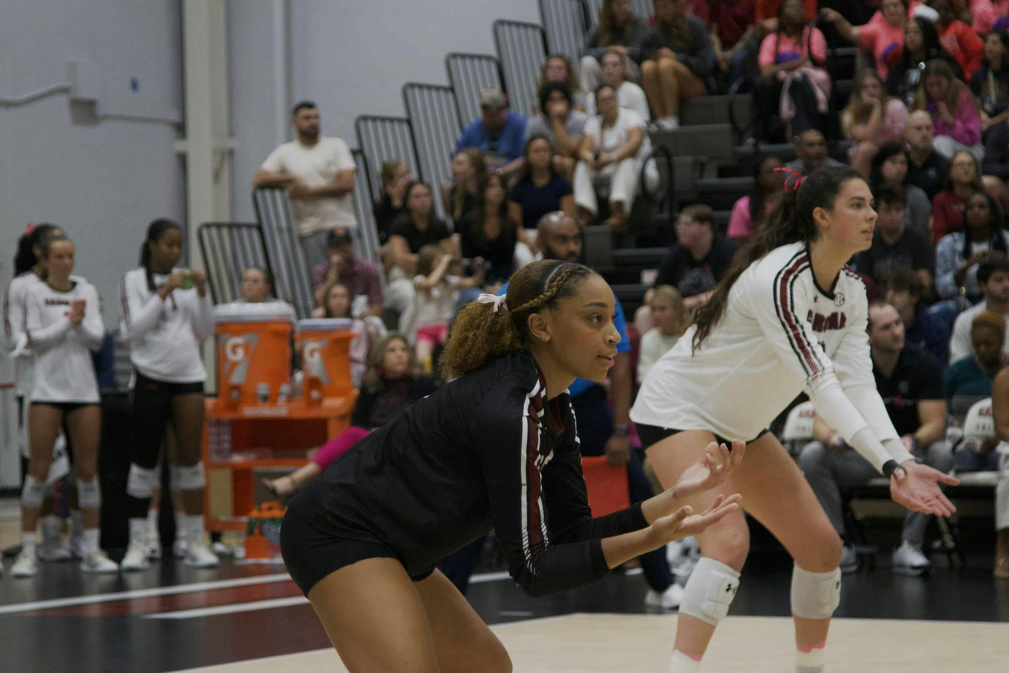 Sophomore libero Victoria Harris keeps her eye on the ball while the Bulldogs possess it during a portion of the set. Harris ranked sixth in the SEC for digs per set, at 4.04, and also ranked 14th nationally among Division I freshmen.&nbsp;