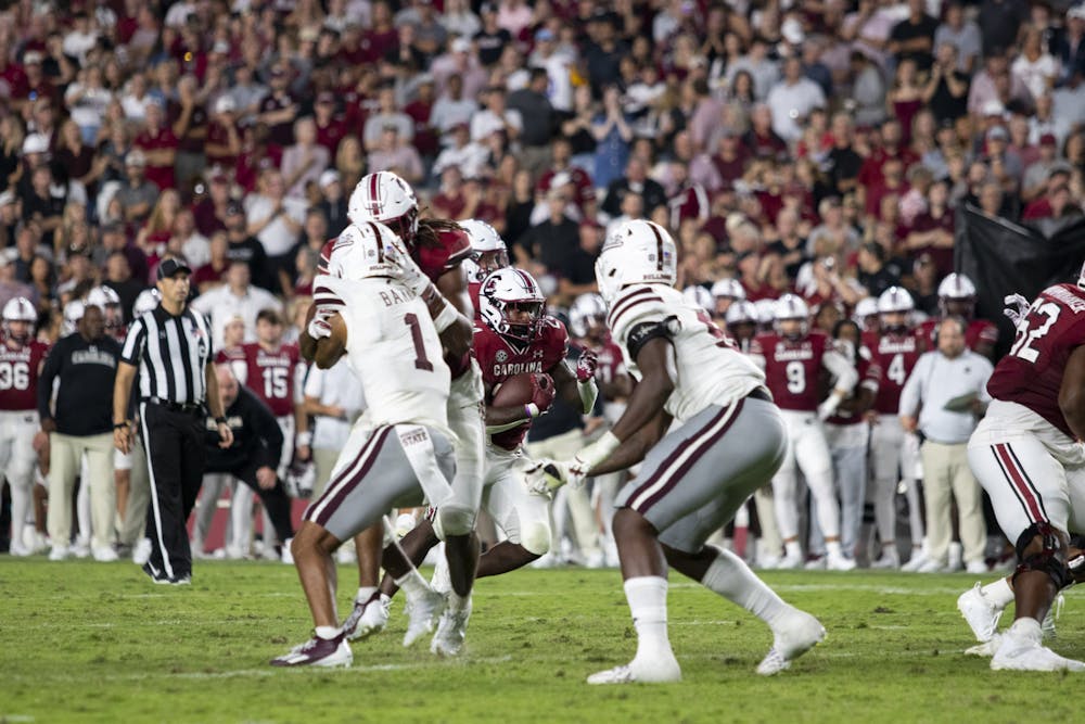 <p>Redshirt senior running back Mario Anderson rushes for a Gamecock touchdown at Williams-Brice Stadium on Sept. 23, 2023. Anderson rushed for a season-high 88 yards on 26 carries.</p>