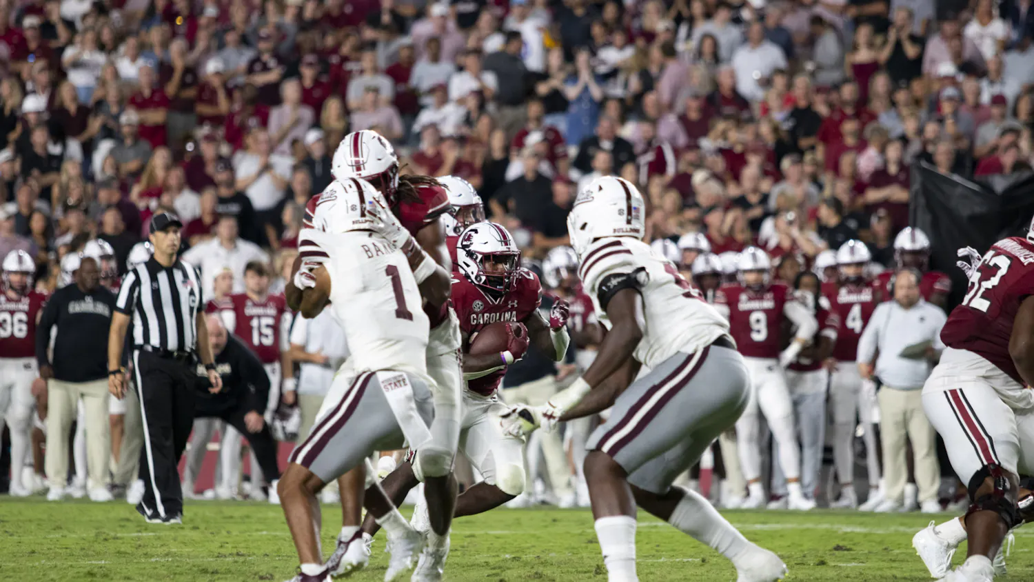 Redshirt senior running back Mario Anderson rushes for a Gamecock touchdown at Williams-Brice Stadium on Sept. 23, 2023. Anderson rushed for a season-high 88 yards on 26 carries.