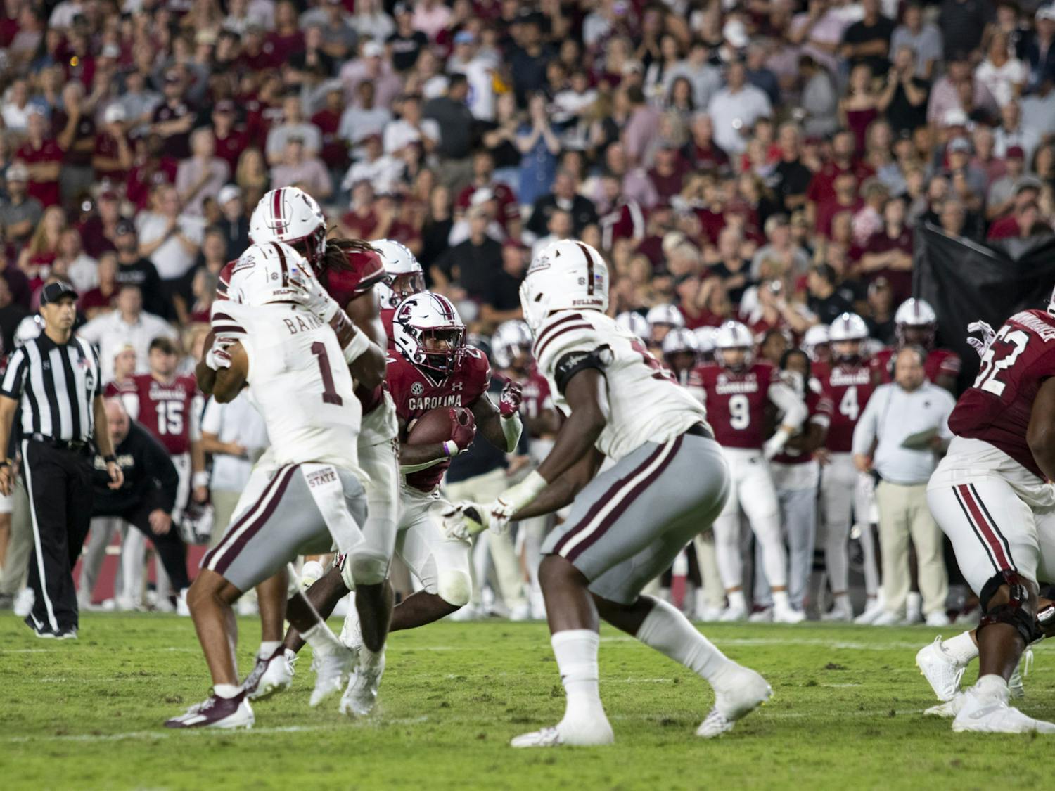 Redshirt senior running back Mario Anderson rushes for a Gamecock touchdown at Williams-Brice Stadium on Sept. 23, 2023. Anderson rushed for a season-high 88 yards on 26 carries.