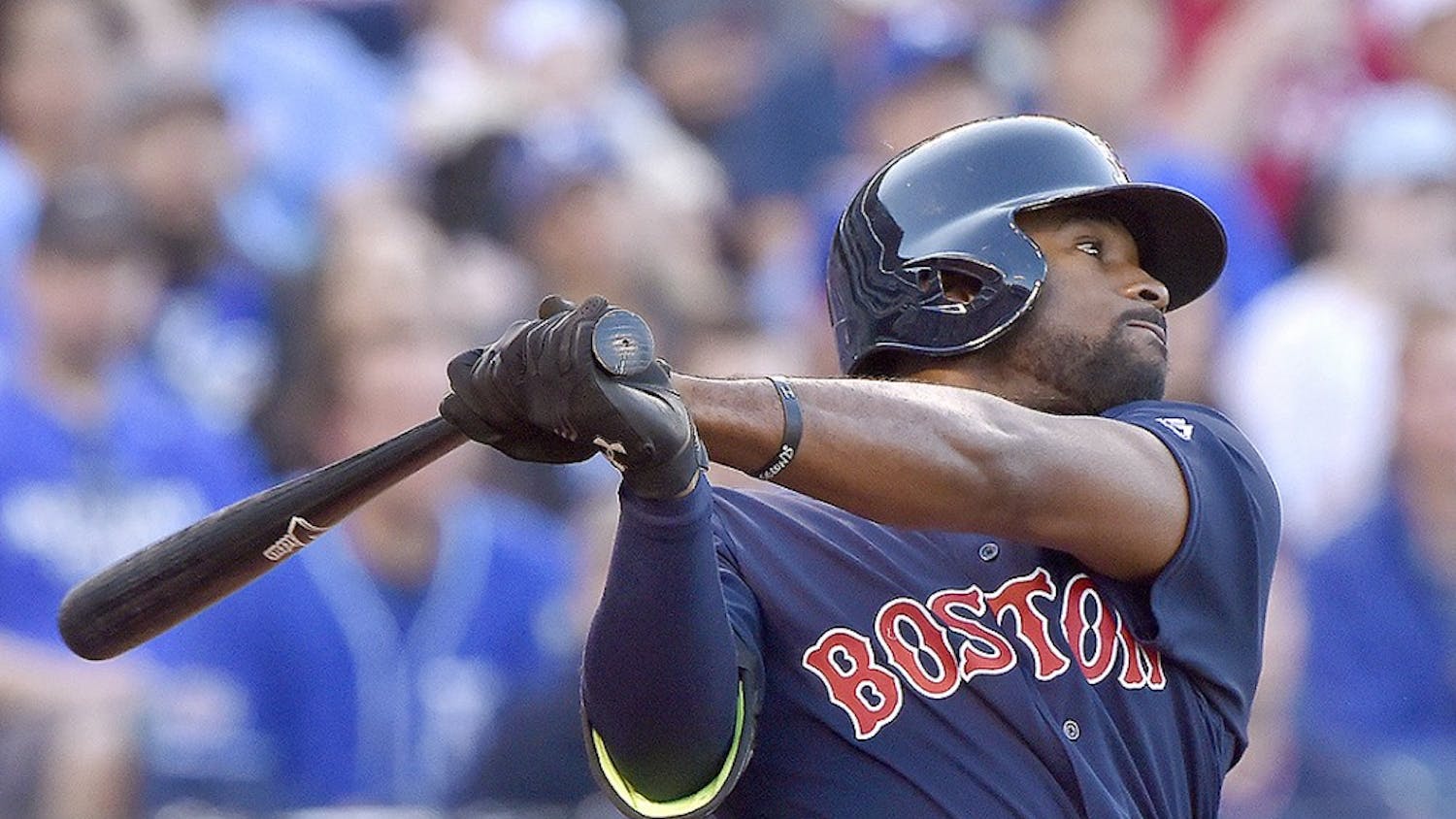 The Boston Red Sox's Jackie Bradley Jr. follows through on a solo home run in the second inning against the Kansas City Royals in the second game of a doubleheader on Wednesday, May 18, 2016, at Kauffman Stadium in Kansas City, Mo. (John Sleezer/Kansas City Star/TNS)