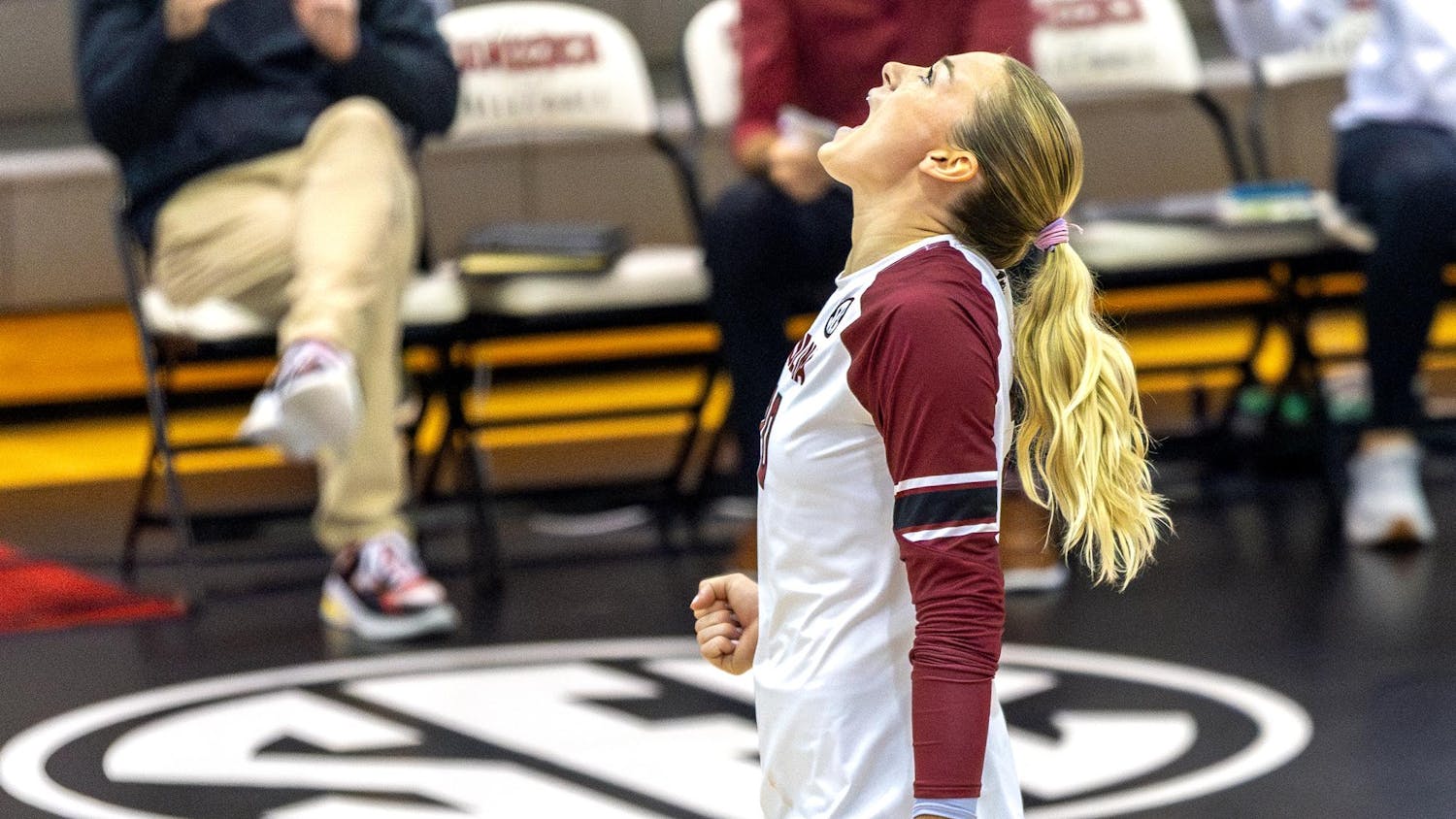 FILE - Graduate student outside hitter Riley Whitesides cheers in celebration after the Gamecock’s won the longest rally of their match against Stetson at the Carolina Volleyball Center on Sept. 13, 2024. Whitesides totaled 18 kills for the Gamecocks during their 3-1 victory over the Hatters.