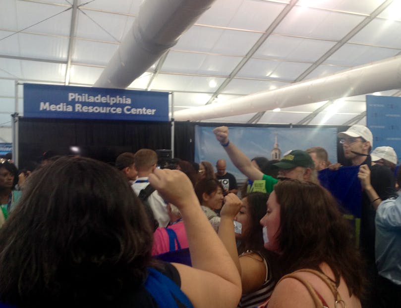 Bernie Sanders delegates occupy the media center at the Democratic National Convention in Philadelphia on July 26, 2016.