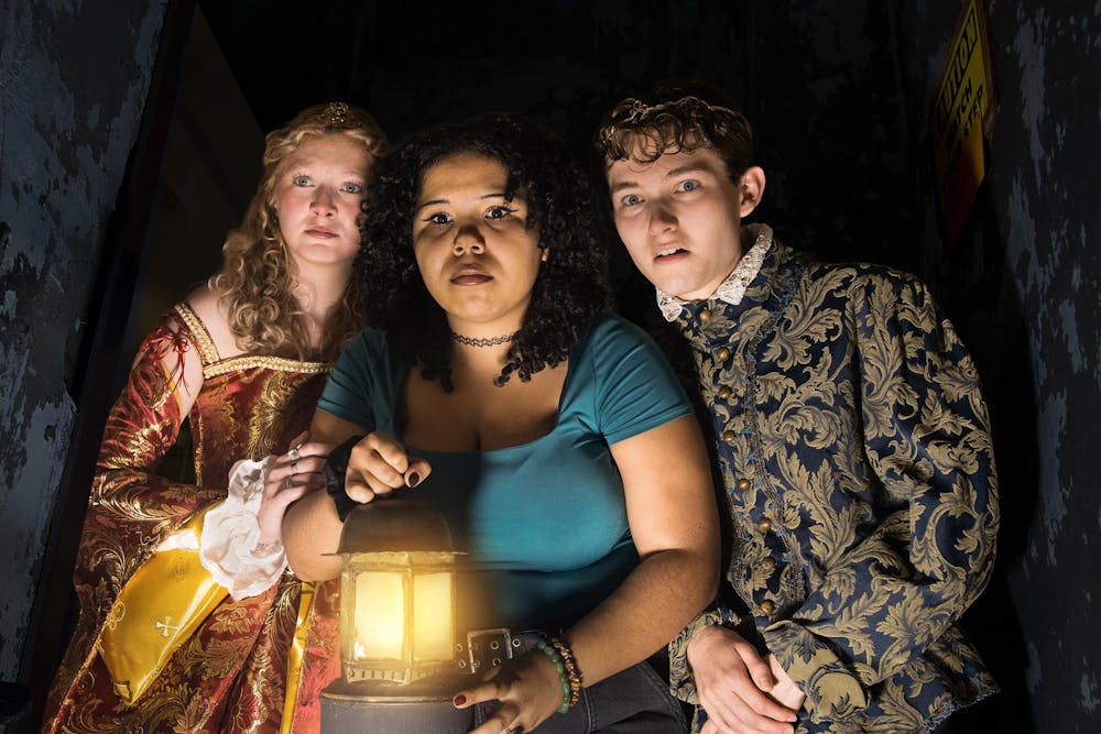 <p>Students Grayson Bonner, Mel Driggers and Ben Doub pose for a portrait to promote the upcoming play "The Seeing Place." The production is based on the spooky reputation of Longstreet Theatre.</p>