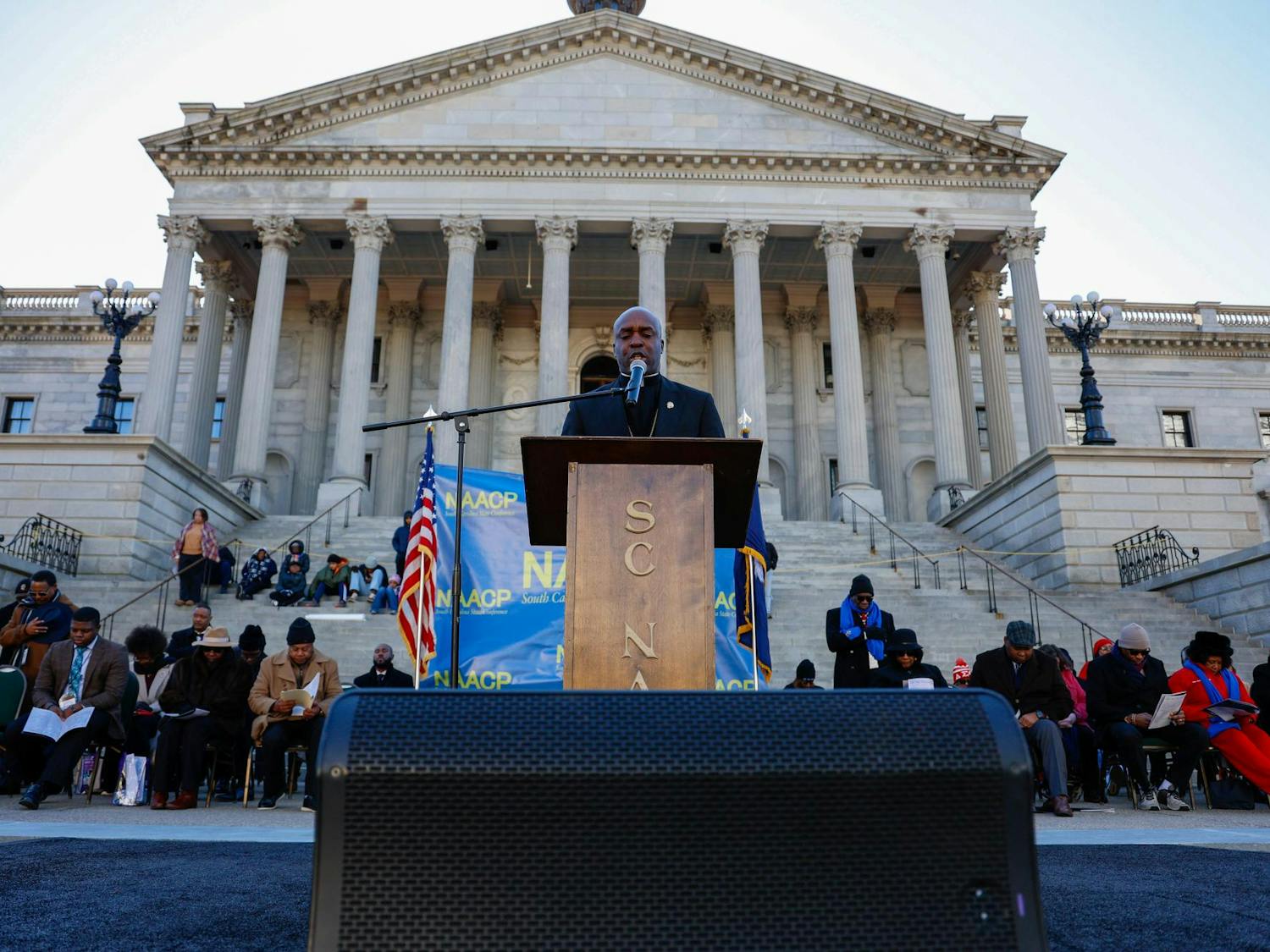 Bishop Eric J. Freeman gives a prayer during the King Day at the Dome program at the South Carolina Statehouse on Jan. 20, 2025. Freeman preaches at the Meeting Place Church on greater Columbia.
