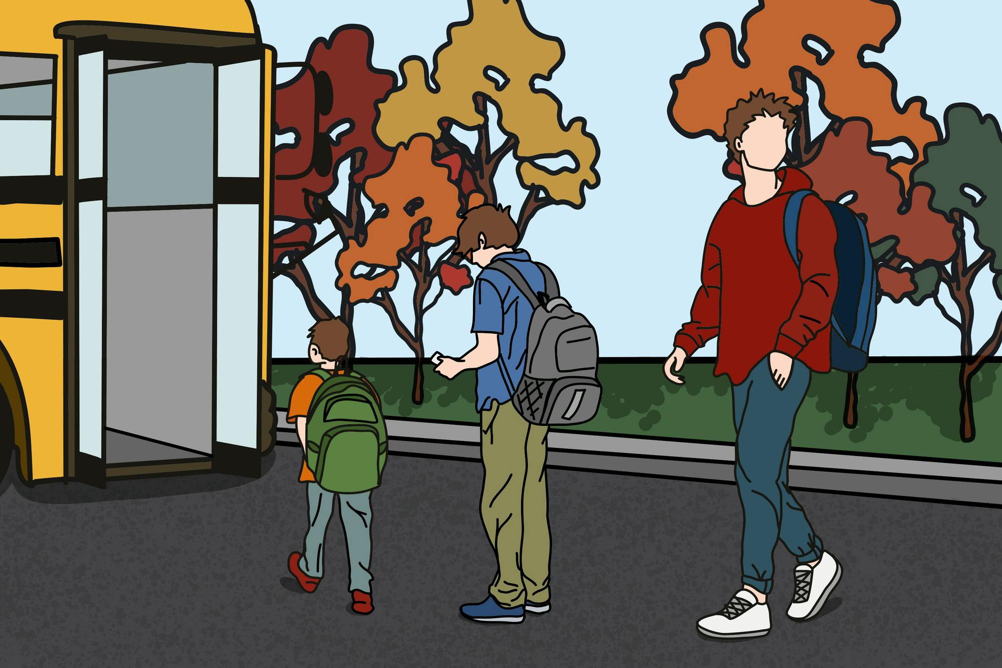 Three students with backpacks are walking toward a yellow school bus. Trees with red, orange, and yellow leaves are in the background.