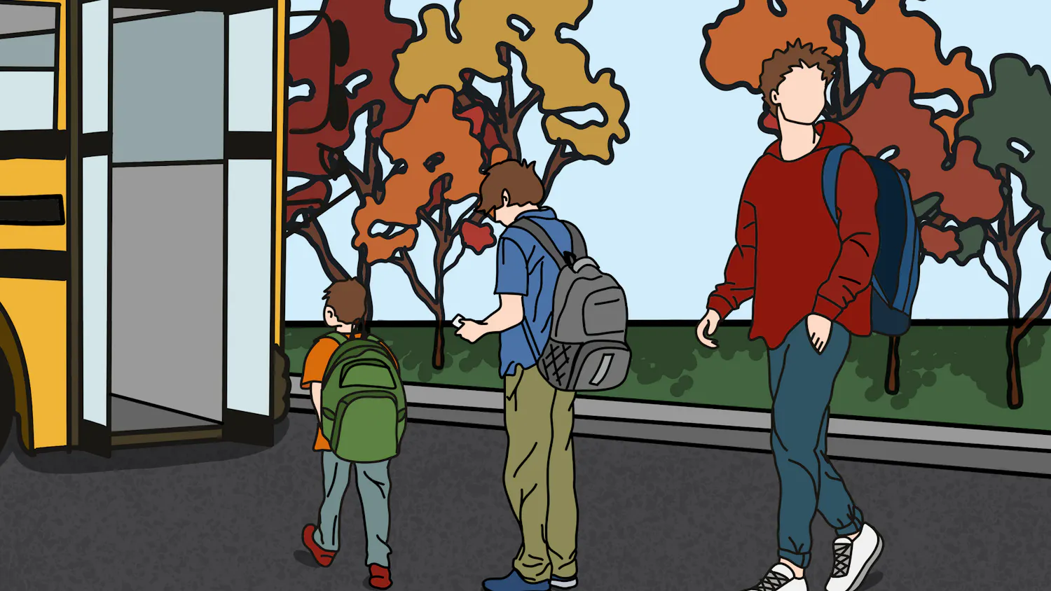 Three students with backpacks are walking toward a yellow school bus. Trees with red, orange, and yellow leaves are in the background.