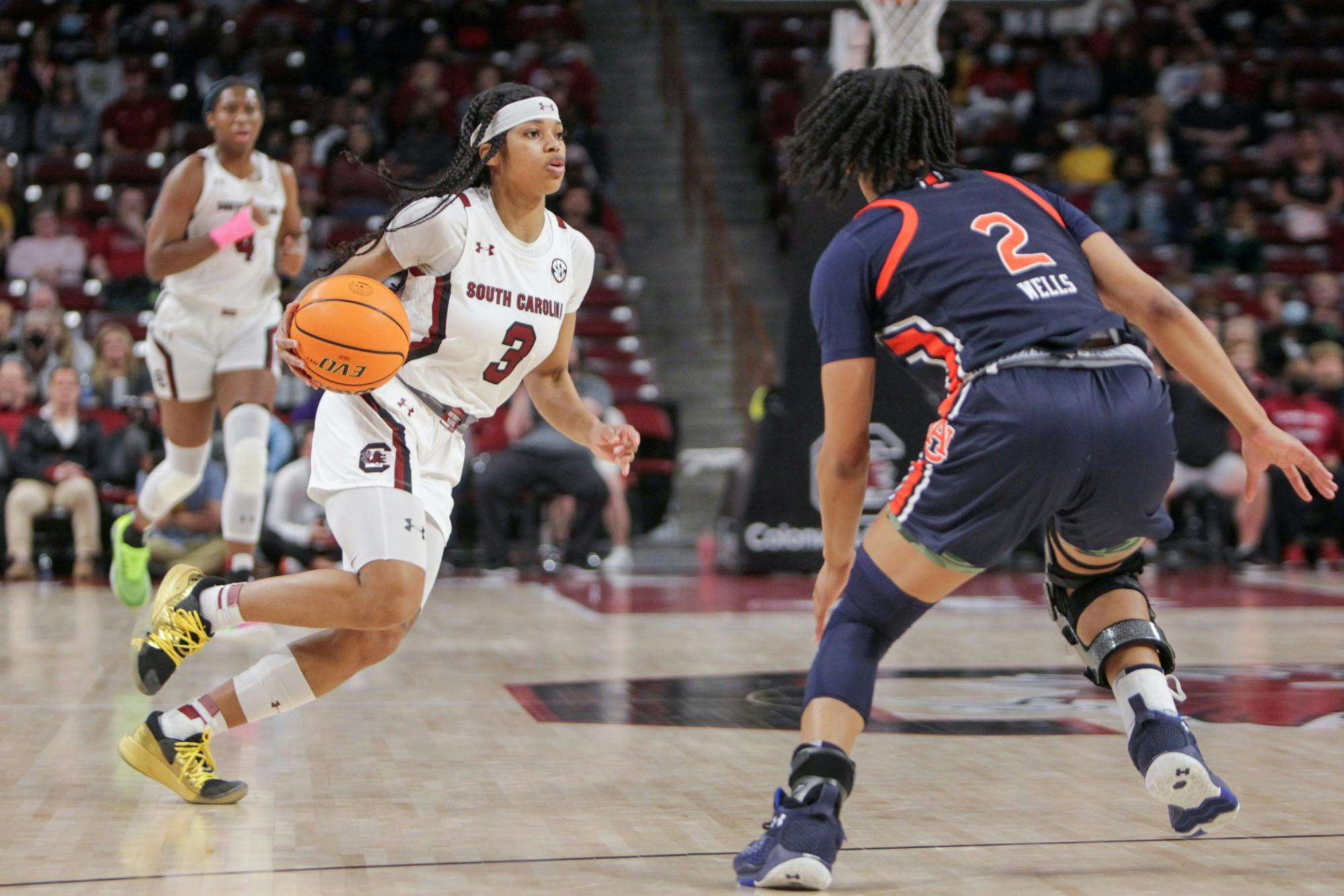 Senior guard Destanni Henderson works her way around a defender during during a game on Feb. 17, 2022 at Colonial Life Arena in Columbia, SC. The Gamecocks beat Auburn 75-38.