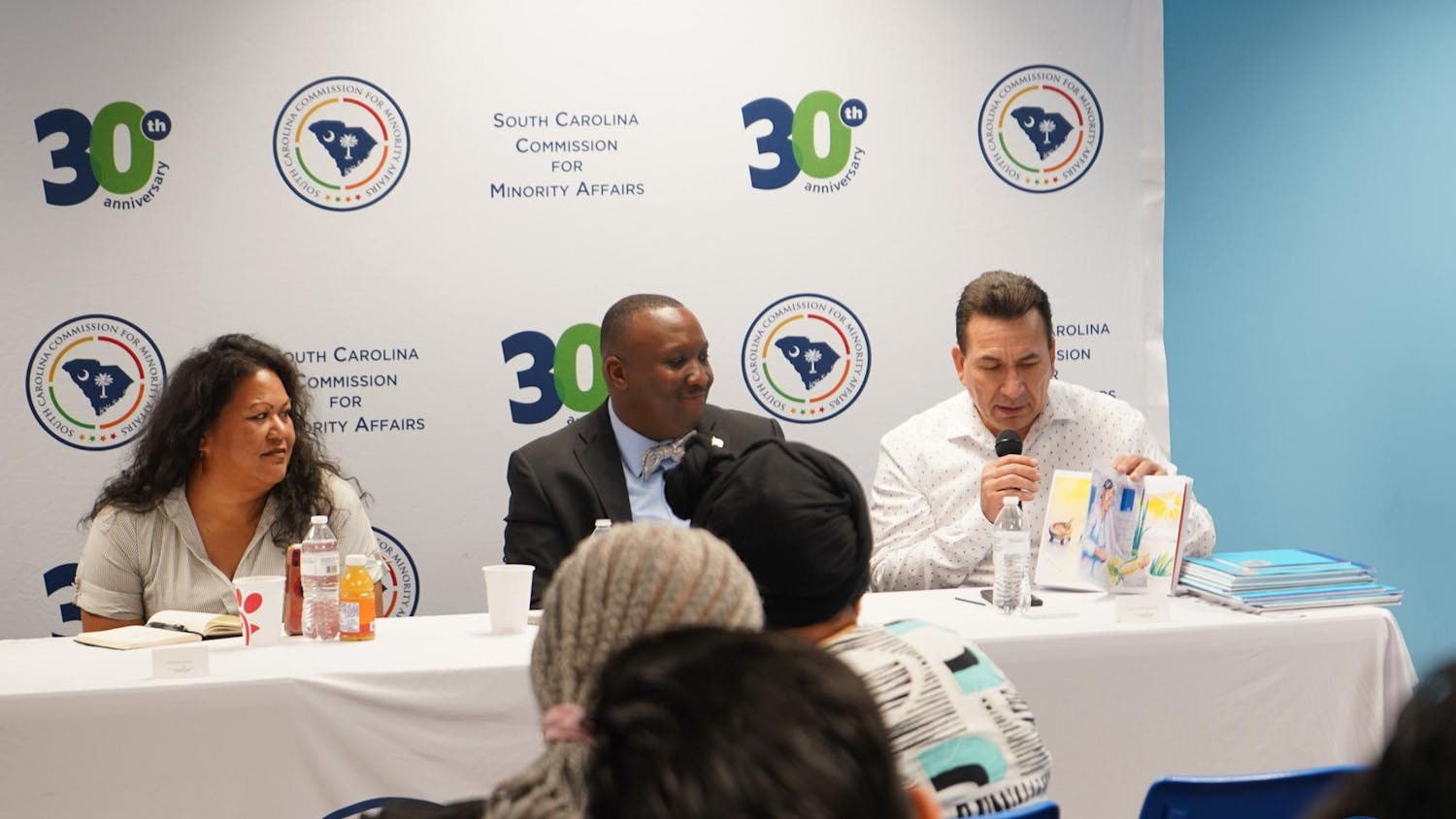 From left to right sits publisher Neena Love, publisher and author Walter B. Curry Jr. and author Juan Gonzalez at the South Carolina Commission for Minority Affairs' first Minority Self-Publishing Authors Roundtable on April 18, 2024. The event, which took place in the Think Tank room at EdVenture Children’s Museum, allowed authors to share their publishing journeys with audience members.